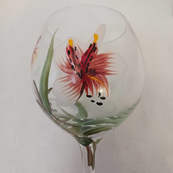 9" Goblet HAND PAINTED WINE GLASS Hawaiian Hibiscus Lilly Flowers - Picture 13 of 15